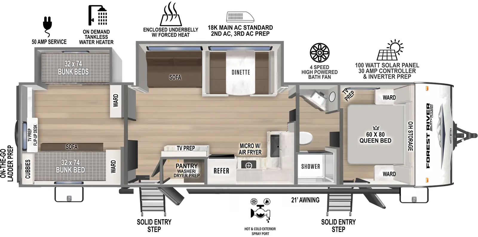 The Surveyor Legend X 32CAMP floorplan has two entries and two slide outs. Exterior features include: fiberglass exterior and 21' awning. Interiors features include: bunk beds, front bedroom and pass through bathroom.